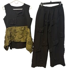 Heydari Pants & Tank Top Set Textured Bubble Fabric‎ Green Black S Art to Wear
